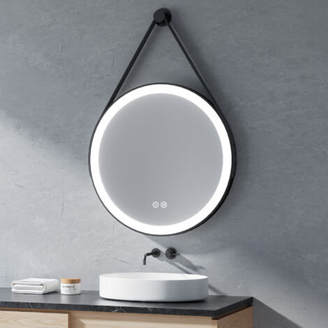 Miroir LED Rond Heilmetz 70 cm pour Salle de Bain – 3 Couleurs de lumière à Variable, Étanche IP44, Commande Tactile, Cadre Métal Noir + Sangle Cuir