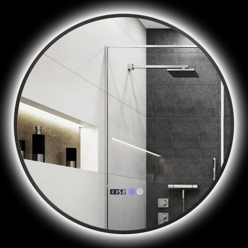 Homcom - Miroir led rond salle de bain ø 70 cm - luminosité réglable, fonction anti-buée, tactile, affichage heure-température - métal noir