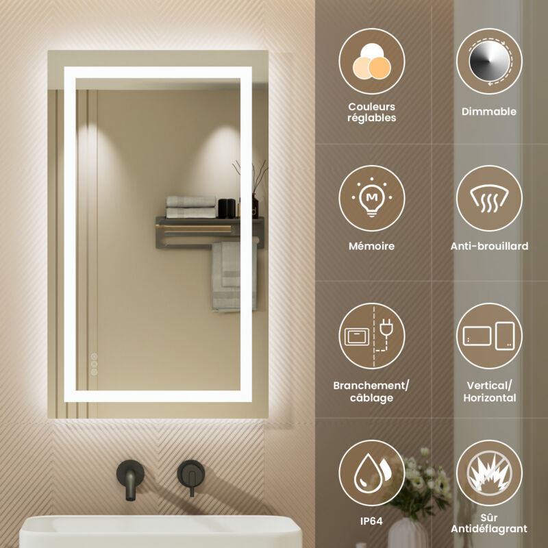 Miroir led Salle de Bain 100x60cm Miroir Lumineux Mural avec Anti-buée, 3 Couleurs de lumière, Interrupteur Tactile