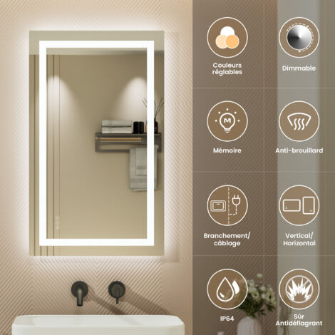 Miroir LED Salle de Bain 100x60cm Miroir Lumineux Mural avec Anti-buée, 3 Couleurs de lumière, Interrupteur Tactile