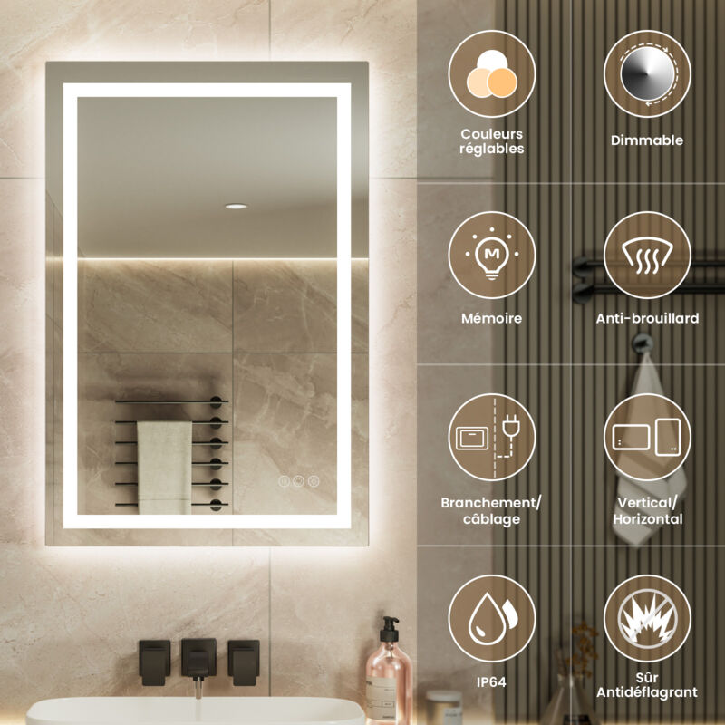 Miroir led Salle de Bain 90x60cm Miroir Lumineux Mural avec Anti-buée, 3 Couleurs de lumière, Interrupteur Tactile