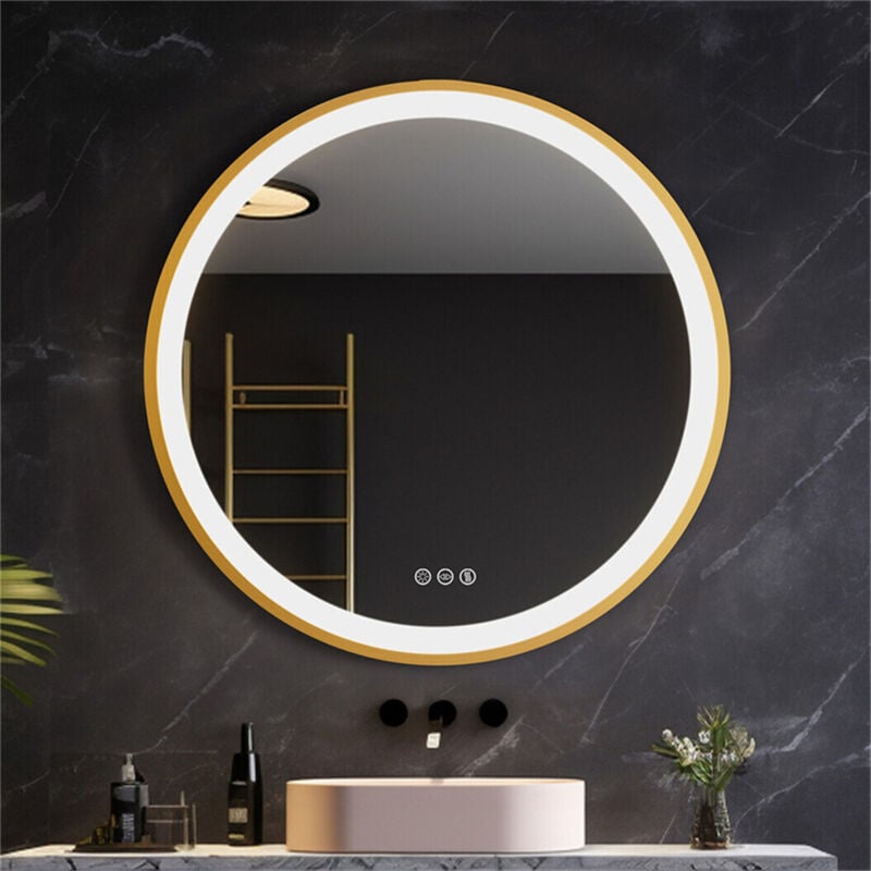 Miroir led Salle de Bain Rond avec Interrupteur tactile, Miroir lumineux de salle de bain Cadre Doré en Aluminium, 3 Couleurs de Lumière et