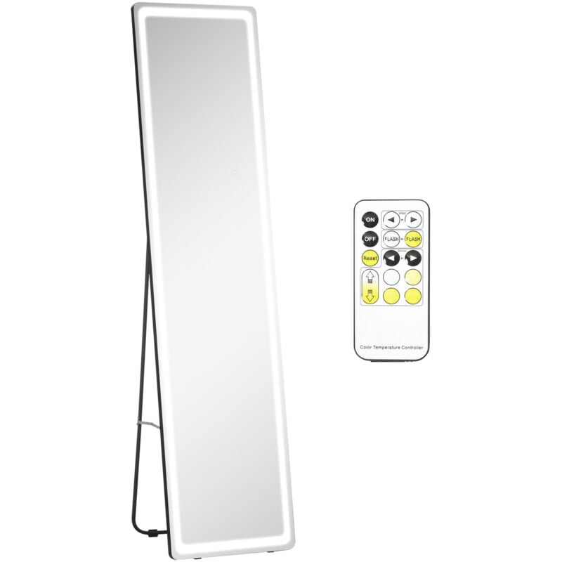 Homcom - Miroir led sur pied ou mural au choix - intensité et couleur réglable - télécommande incluse - verre alu. noir
