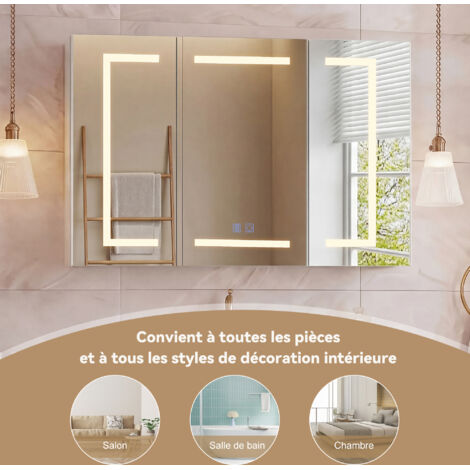 Miroir lumineux de salle de bain 100x60 cm, Miroir salle de bain avec eclairage LED avce 3 portes miroir - Prise - Bouton tactile - Étagère réglable - Anti-buée – Installation horizontale/verticale – 