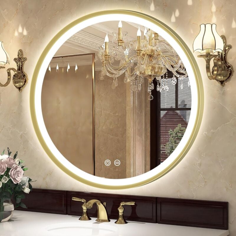 Miroir Lumineux de Salle de Bain, 3 Couleur/ Désembuage/ Dimmable/, IP44 Miroir Led Salle de Bain Rond avec Cadre en Aluminium Doré d'un Diamètre de