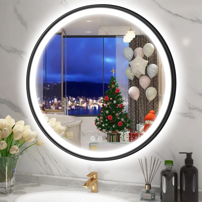 S · Bagno - Miroir Lumineux de Salle de Bain, 3 Couleur/ Désembuage/ Dimmable/, IP44 Miroir Salle de Bain avec Eclairage Rond avec Cadre en Aluminium