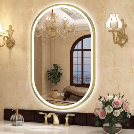 S·BAGNO Miroir Lumineux de Salle de Bain, 3 Couleur/ Désembuage/ Dimmable/ IP44, Miroir Salle de Bain Led avec Ovale 60x90 cm avec Cadre en Aluminium Doré, S' bagno