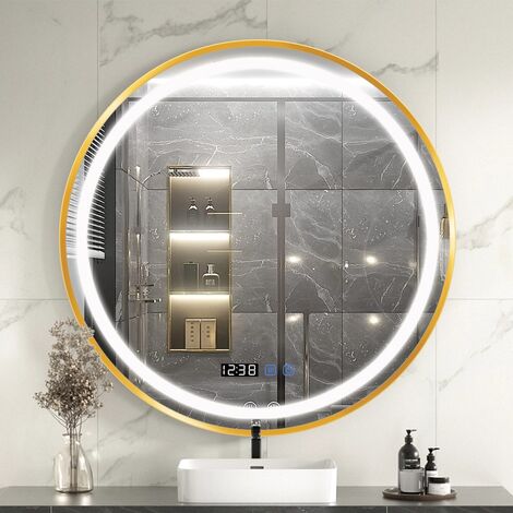 Miroir lumineux de salle de bain, 60 cm Miroir mural rond à intensité variable, affichage du calendrier de la température de couleur réglable, cadre doré
