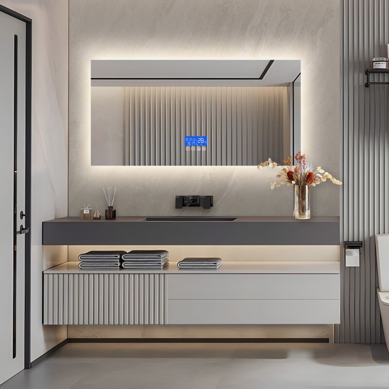 Tanant - Miroir lumineux de salle de bain, Avec affichage de la température, Fonction de désembuage, rectangulaire, 60x120cm, miroir de salle de