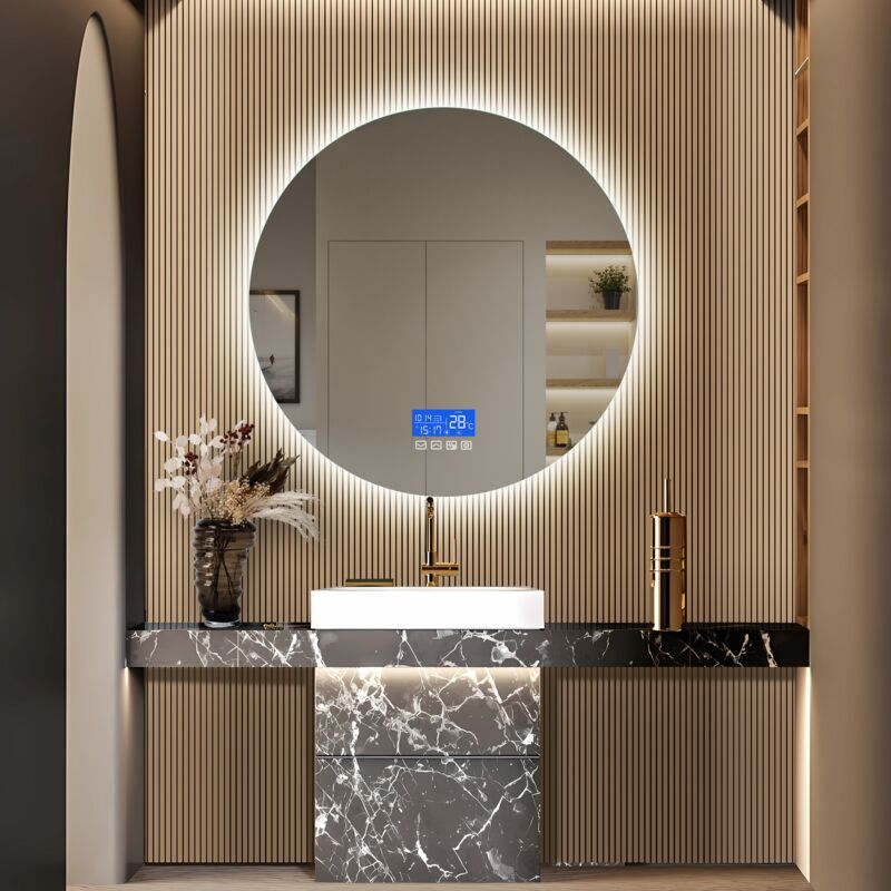 Tanant - Miroir lumineux de salle de bain 80cm, Avec affichage de la température, Fonction de désembuage, rond, miroir de salle de bain, Blanc