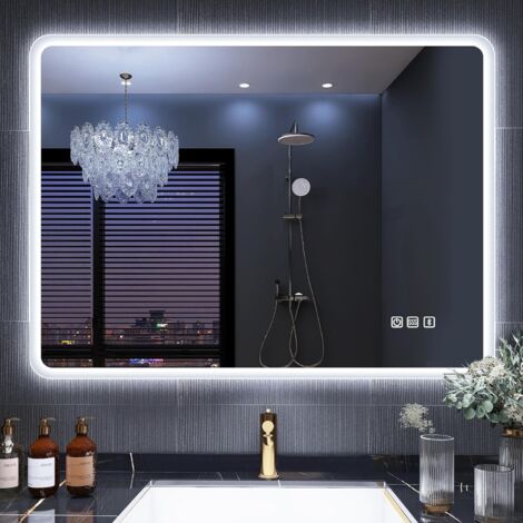 Miroir lumineux de salle de bain 80x60 cm – Bluetooth – Désembuage – 3 couleurs – Dimmable – IP44 – Argenté sans cuivre