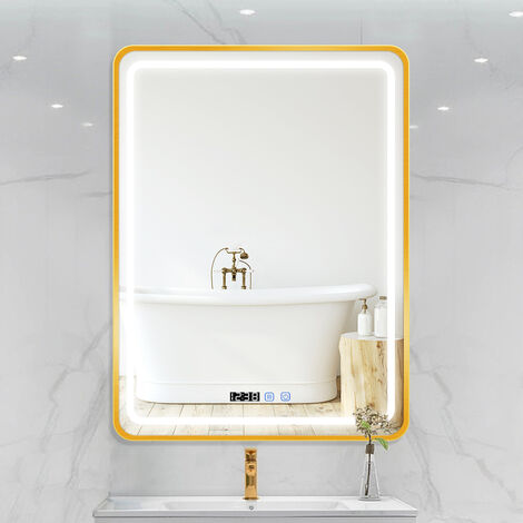 Miroir lumineux de salle de bain, 80x60 Miroir mural à décor dimmable, désembuage Affichage calandre de température de couleur réglable, cadre doré