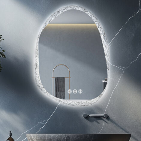 Miroir Lumineux de Salle de Bain Asymétrique avec Cadre Transparent en Effet de Glace, Miroir Mural Maquillage Irregulier Design, Interrupteur Tactile, 3 Couleurs de Lumières Anti Buée - 80×60cm