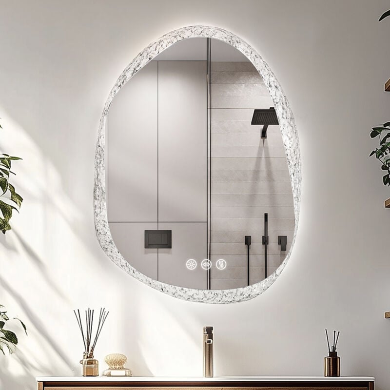 Miroir Lumineux de Salle de Bain Asymétrique avec Cadre Transparent en Effet de Glace, Miroir Mural Maquillage Irregulier Design, Interrupteur