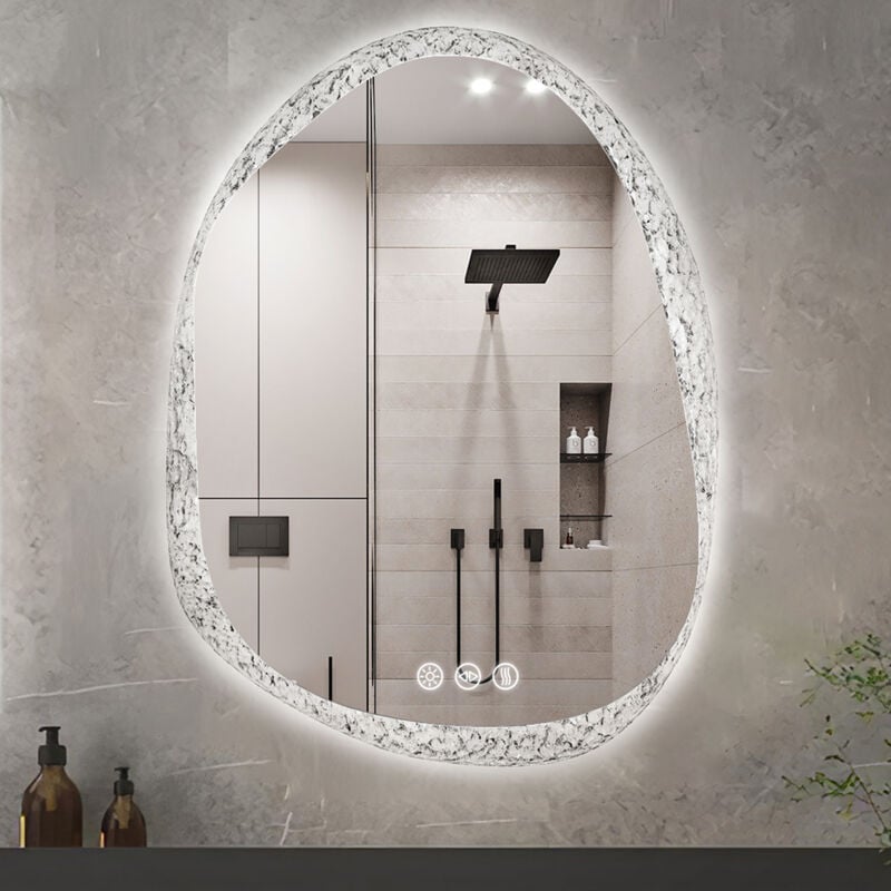 Miroir Lumineux de Salle de Bain Asymétrique avec Cadre Transparent en Effet de Glace, Miroir Mural Maquillage Irregulier Design, Interrupteur