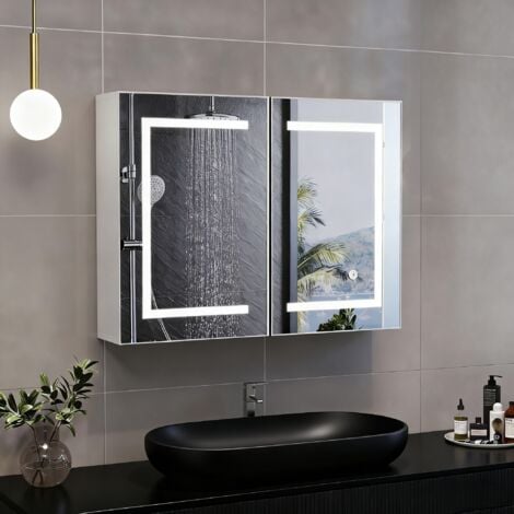 PERGAR Miroir lumineux de salle de bain avec rangement - 80x13.5x60 cm - LED réglable, Miroir HD, trois couleurs réglables, tactile intelligent