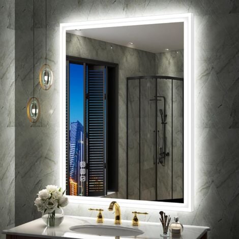 S·BAGNO Miroir Lumineux de Salle de Bain, Bluetooth/ Désembuage/ 3 Couleur/ Dimmable/ Cadre en Aluminium Blanc, IP44 Miroir Salle de Bain Led 80x60 cm, S' bagno