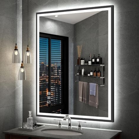 S·BAGNO Miroir Lumineux de Salle de Bain, Bluetooth/ Désembuage/ 3 Couleur/ Dimmable/ Cadre en Aluminium Noir, IP44 Miroir Salle de Bain Led 80x60 cm, S' bagno