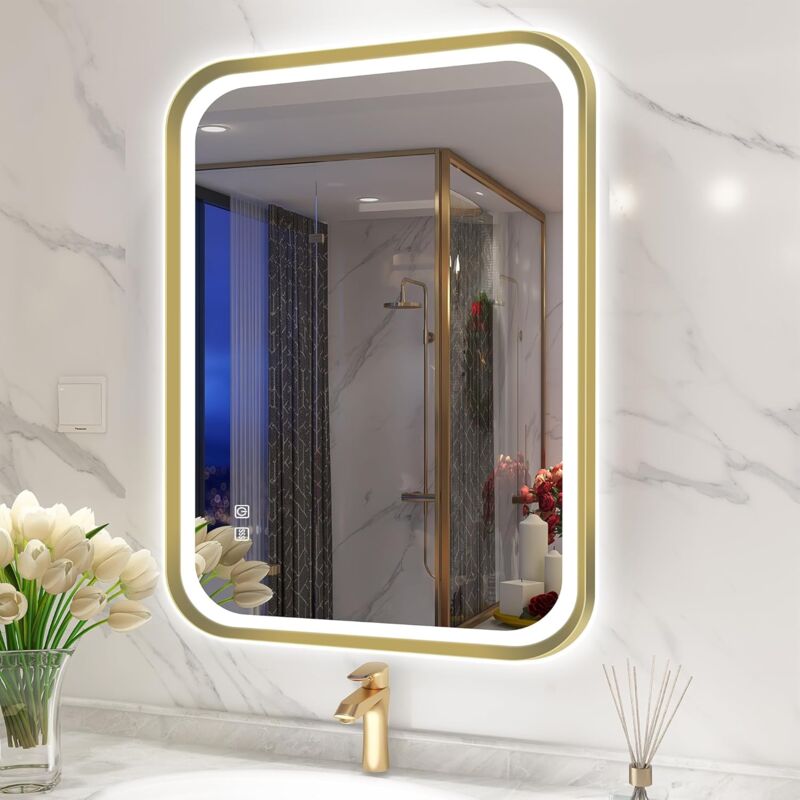 S · Bagno - Miroir Lumineux de Salle de Bain, Désembuage/ 3 Couleur/ Dimmable/, IP44 Miroir Salle de Bain Led 80x60 cm avec Cadre en Aluminium Doré,