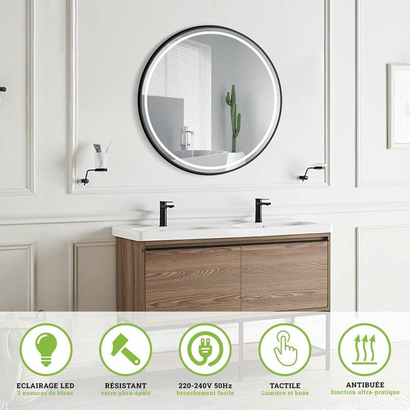 Ledimex - Miroir de Salle de Bains Lumineux avec Éclairage Intégré Tri Led Frontal - Double Sensor On/Off et Anti-Buée - Rond Ø90CM alemania
