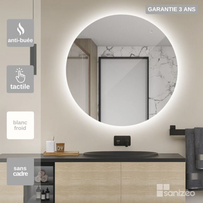 Ledimex - Miroir Salle de Bains Lumineux lisboa Anti-Buée et Éclairage Rétro-Éclairé Tactile On/Off Sans Cadre Ø100 by sanizéo