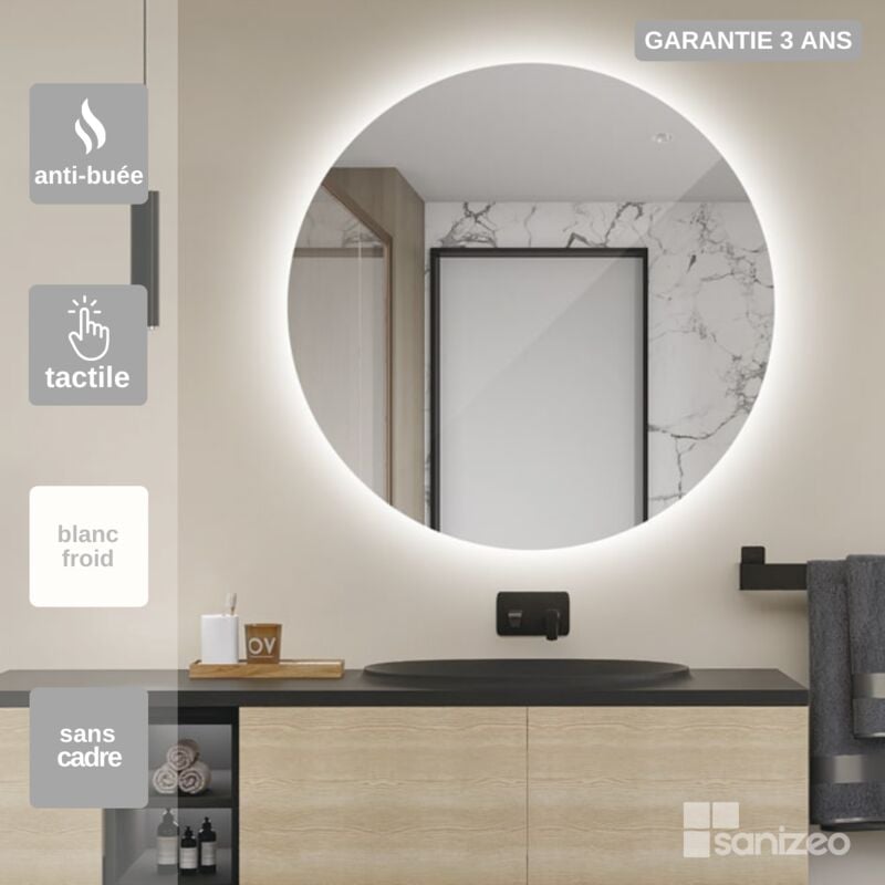 Miroir Salle de Bains Lumineux lisboa Anti-Buée et Éclairage Rétro-Éclairé Tactile On/Off Sans Cadre Ø50 by sanizéo