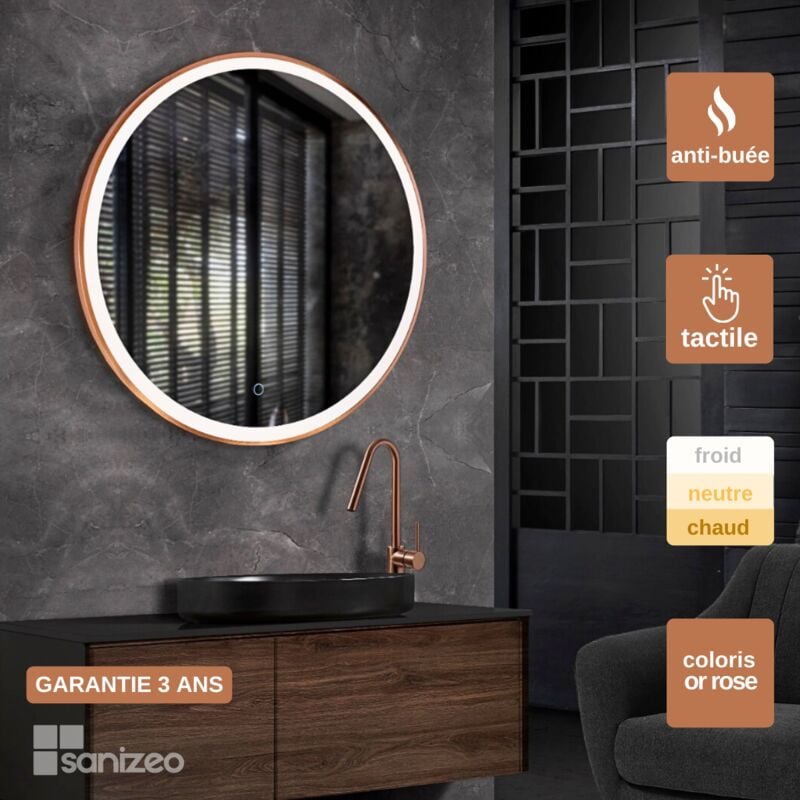 Miroir Salle de Bains Lumineux PARIS Anti-Buée et Éclairage Frontal Triled Tactile On/Off Ø80 Or Rose by SANIZÉO