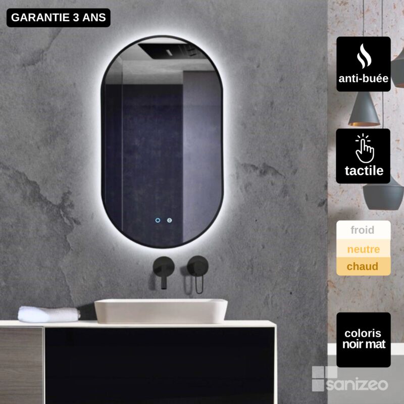 Ledimex - Miroir Salle de Bains Lumineux tokyo Anti-Buée et Éclairage Triled Tactile On/Off Finition Noir Mat 50x90 by sanizéo