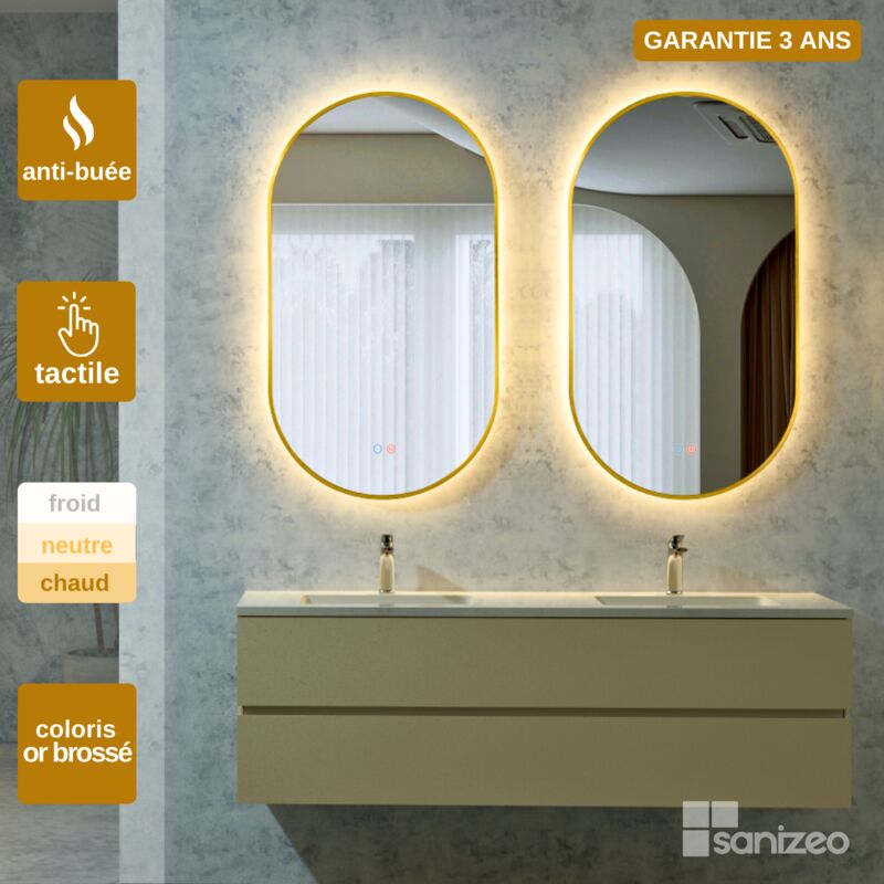 Ledimex - Miroir Salle de Bains Lumineux tokyo Anti-Buée et Éclairage Triled Tactile On/Off Finition Or Brossé 50x90 by sanizéo