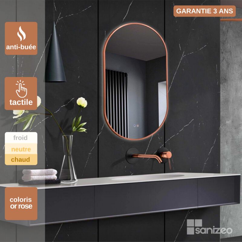 Miroir Salle de Bains Lumineux TOKYO Anti-Buée et Éclairage Triled Tactile On/Off Finition Or Rosé 50x90 by SANIZÉO