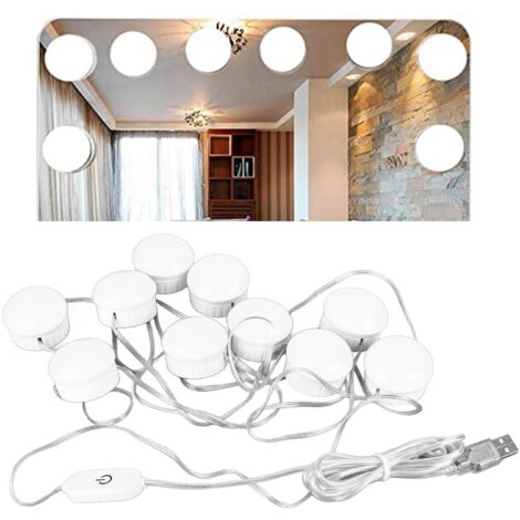 Miroir lumineux LED 10 ampoules lumière blanche réglage 5 niveaux variateur tactile avec câble rétractable