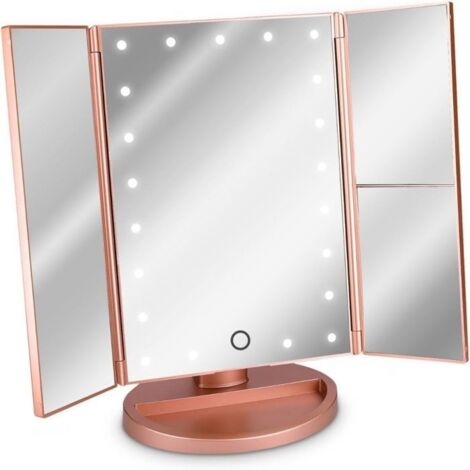 Miroir Lumineux LED 3 Faces à Poser, Miroir Maquillage Triptyque Pliable sur Pied avec Effet Grossissant x2 x3 Label