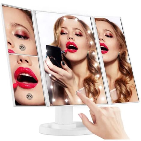 Miroir Lumineux LED 3 Faces à Poser - Miroir Maquillage Triptyque Pliable sur Pied avec Effet Grossissant x2 x3 - Pile ou USB