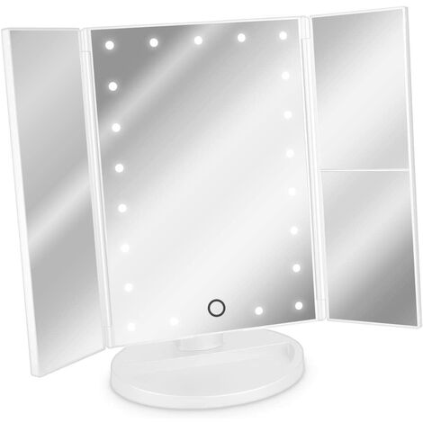 Miroir Lumineux LED 3 Faces à Poser - Miroir Maquillage Triptyque Pliable sur Pied avec Effet Grossissant x2 x3 - Pile ou USB - Blanc