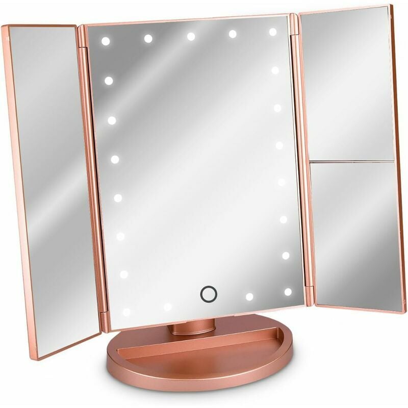 Miroir Lumineux led 3 Faces à Poser - Miroir Maquillage Triptyque Pliable sur Pied avec Effet Grossissant x2 x3 - Pile ou usb - Rose doré