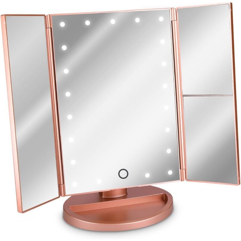 Miroir Lumineux led 3 Faces à Poser - Miroir Maquillage Triptyque Pliable sur Pied avec Effet Grossissant x2 x3 - Pile ou usb - Rose doré