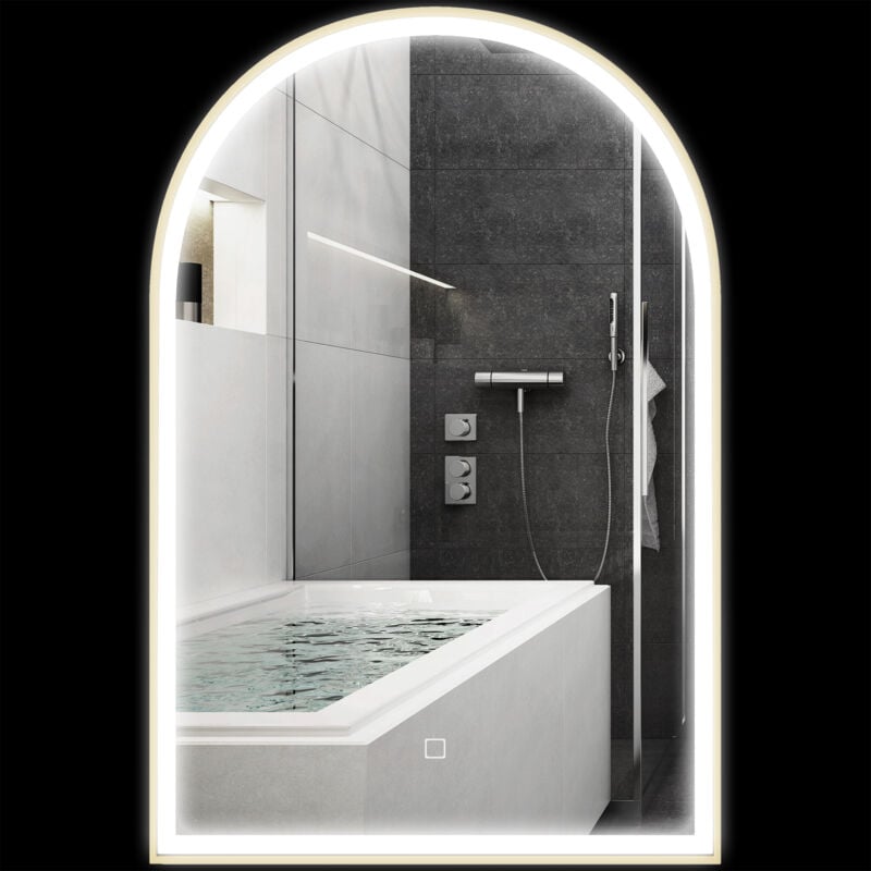 Homcom - Miroir lumineux led arqué de salle de bain 90 x 60 cm - tactile, réglable, anti-buée - alu doré