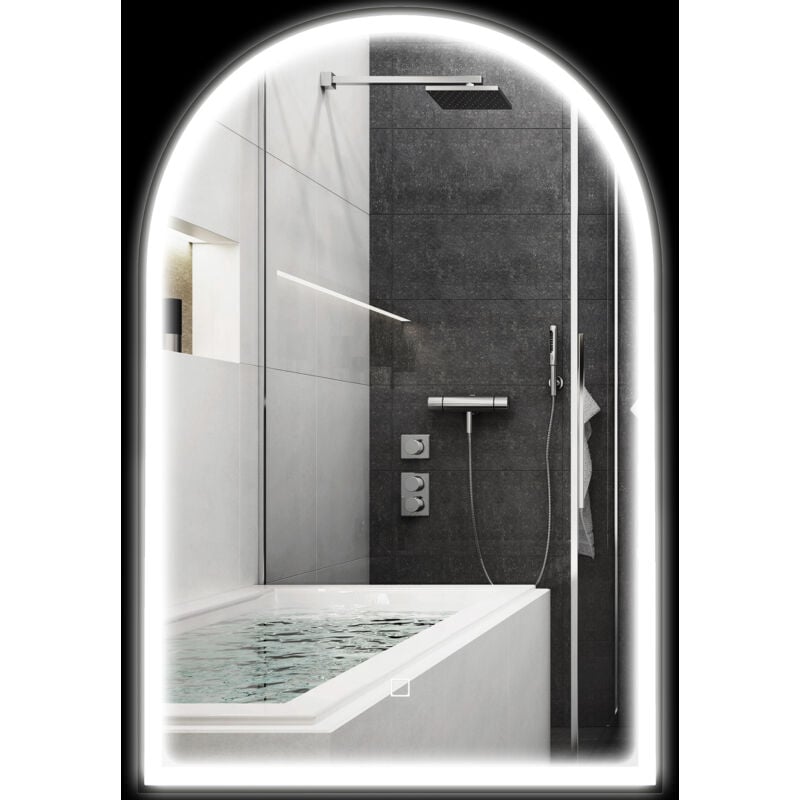 Homcom - Miroir lumineux led arqué de salle de bain 90 x 60 cm - tactile, réglable, anti-buée - alu noir