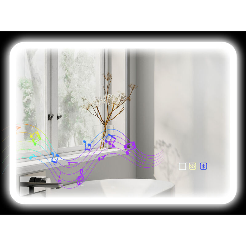 Miroir lumineux LED salle de bain 50 x 70 cm bluetooth interrupteur tactile lumière réglable 3 couleurs fonction anti-buée et mémoire