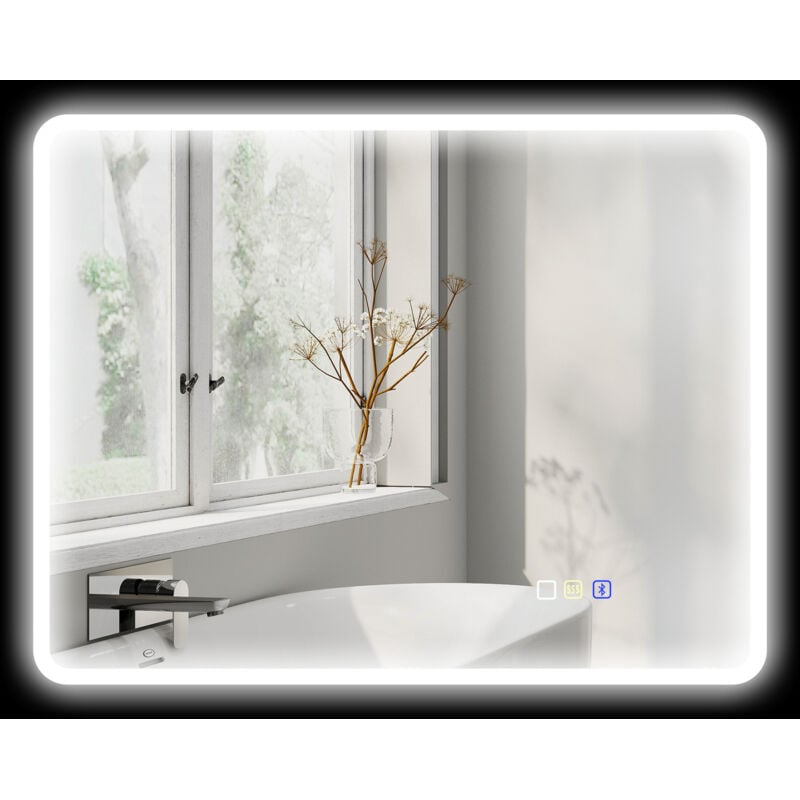Homcom - Miroir lumineux led salle de bain 90 x 70 cm bluetooth interrupteur tactile lumière réglable 3 couleurs fonction anti-buée et mémoire