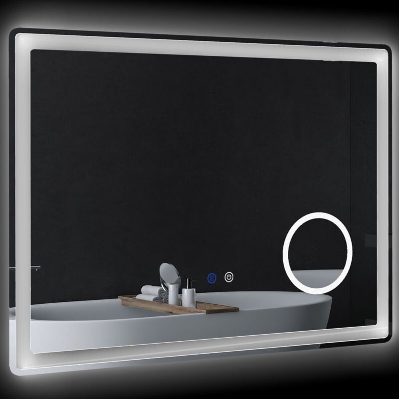 Miroir lumineux led salle de bain dim. 80L x 60H cm anti-buée grossissant x3 réglable fonction mémoire