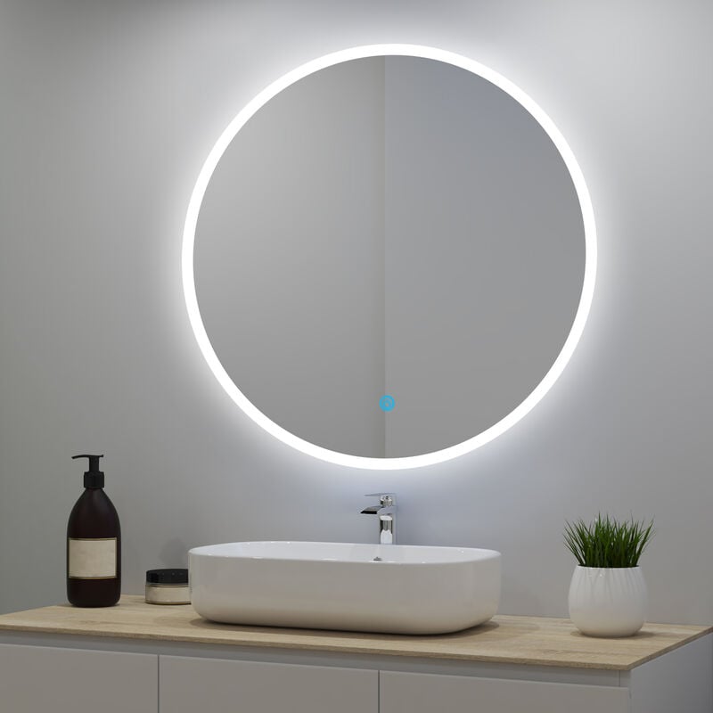 Miroir lumineux rond 80cm avec 3 Couleurs + Dimmable + Anti-buée, Mural Miroir salle de bain