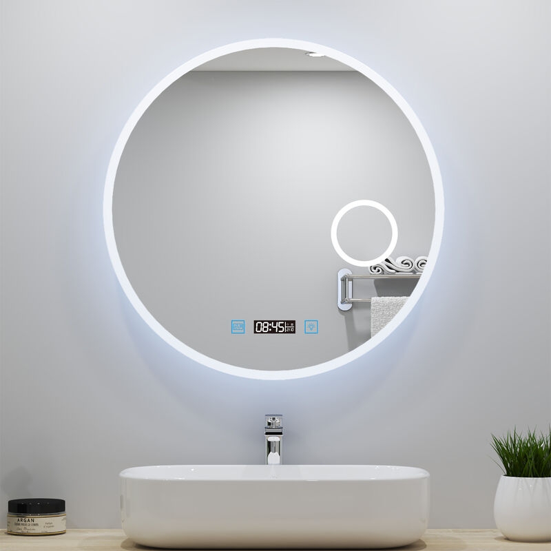 Miroir lumineux Rond 70cm avec Horloge + 3 Couleurs + Dimmable + Anti-buée + grossissant 3x