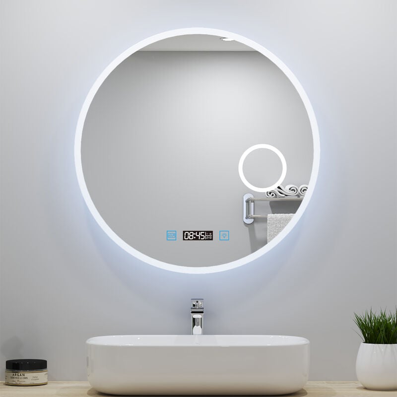 Aica Sanitaire - Miroir lumineux Rond 60cm avec Horloge + 3 Couleurs + Dimmable + Anti-buée + grossissant 3x