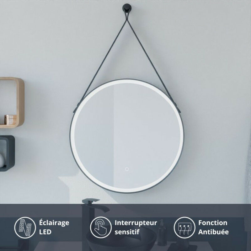Miroir lumineux rond antibuée avec lanière cuir et cadre noir ring 60 cm