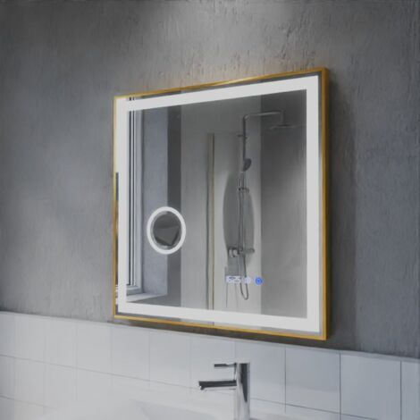 Miroir lumineux rond contour cuivré CARA 70 cm - antibuée, horloge et loupe
