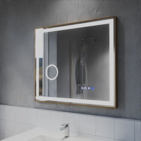 Miroir lumineux rond contour cuivré CARA 80 cm - antibuée, horloge et loupe