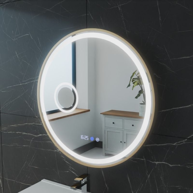 Cuisibane - Miroir lumineux rond contour cuivré orana 60 cm - antibuée, horloge et loupe