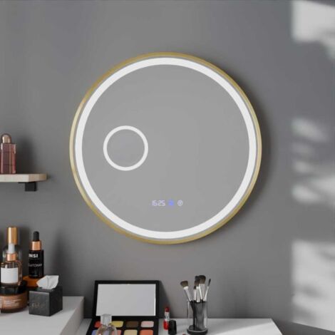 Miroir lumineux rond contour doré ORANA 60 cm - antibuée, horloge et loupe