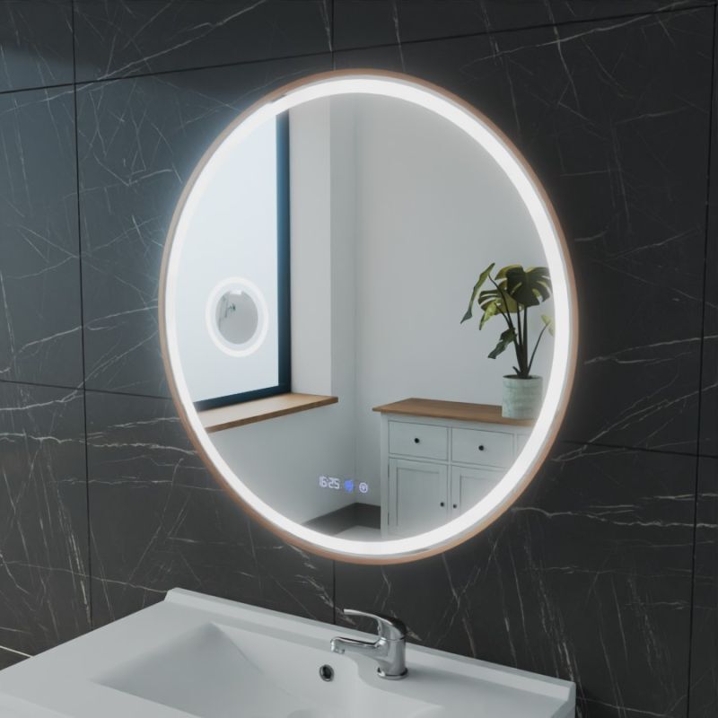Cuisibane - Miroir lumineux rond contour cuivré orana 80 cm - antibuée, horloge et loupe